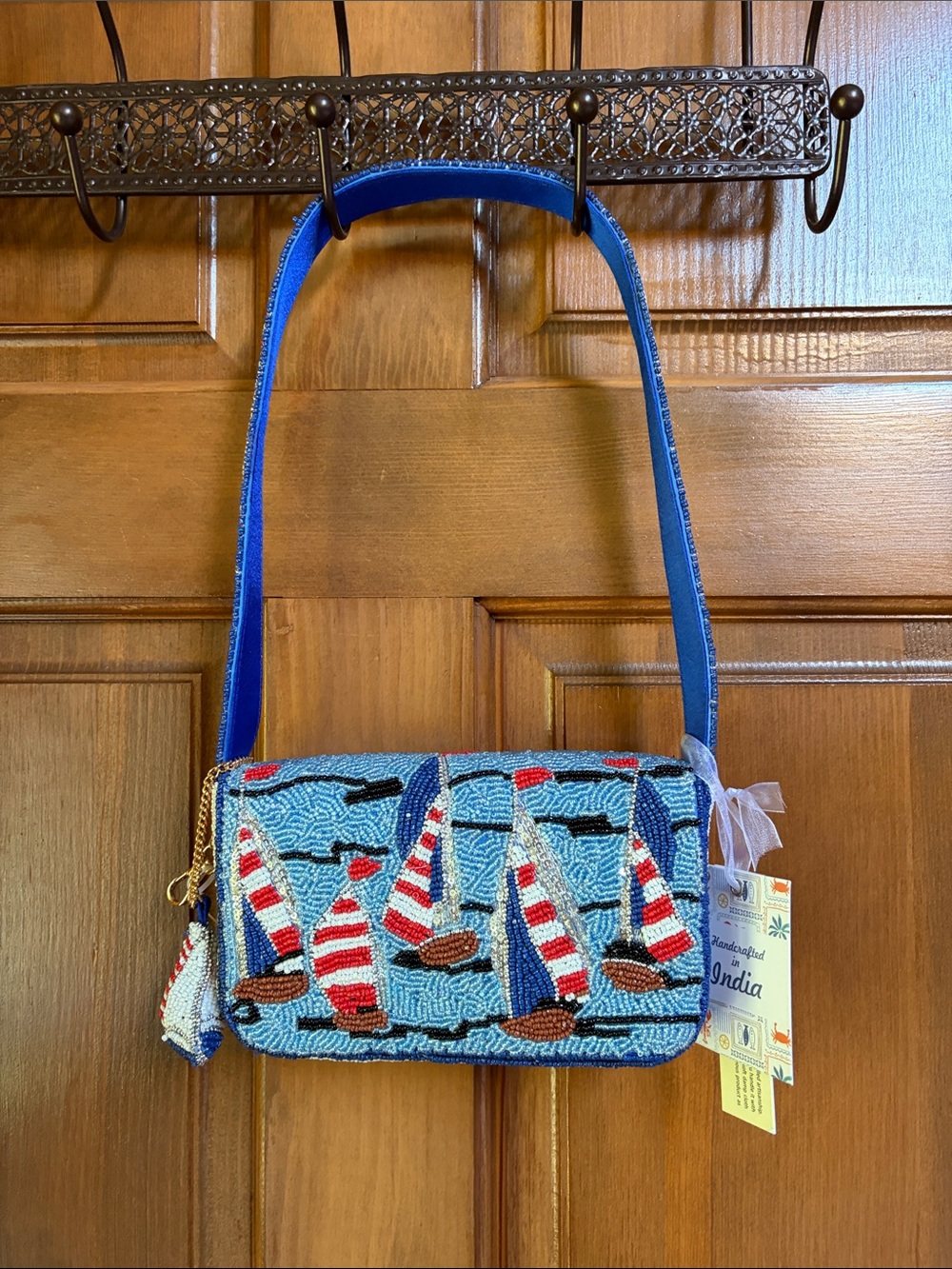 Handcrafted in India Blue Beaded Sailboat Shoulder Bag